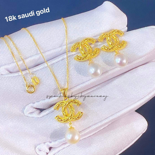 Set CC With Pearl Chain & Pendant Necklace Ampaw 18k Saudi Gold