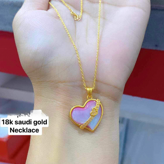 Set Twin Heart With Stone Chain & Pendant Necklace Ampaw 18k Saudi Gold