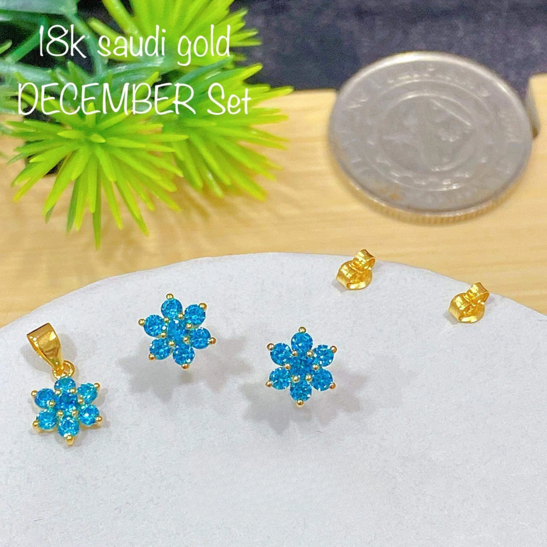 December Birthstone set Earrings & Pendant 18k Saudi Gold