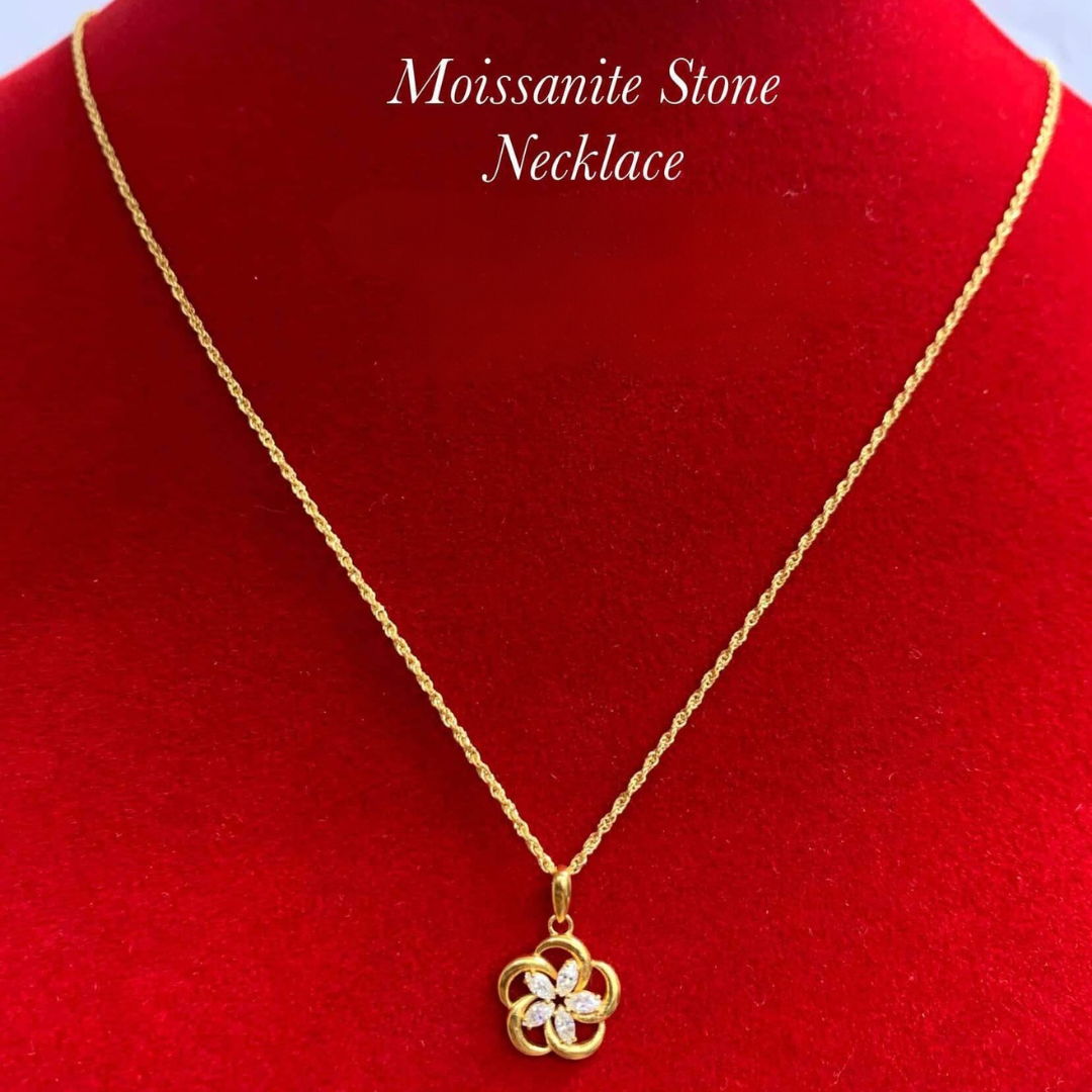 Flower Moissanite Stone Set Chain & Pendant 18k Saudi Gold