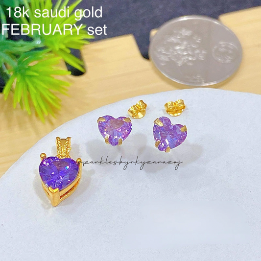 February Heart Birthstone set Pendant & Earrings 18k Saudi Gold