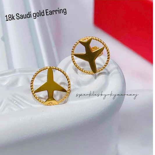 Airplane earrings solid 18k saudi gold