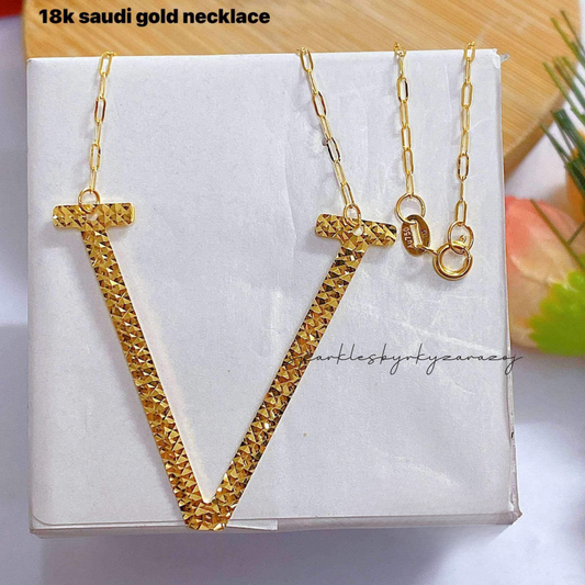 Letter V Diacut Necklace 18k Saudi Gold