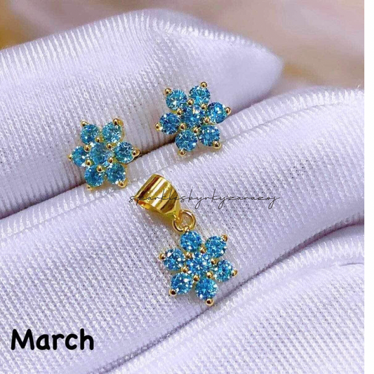 March Birthstone Pendant & Earrings 18k Saudi Gold