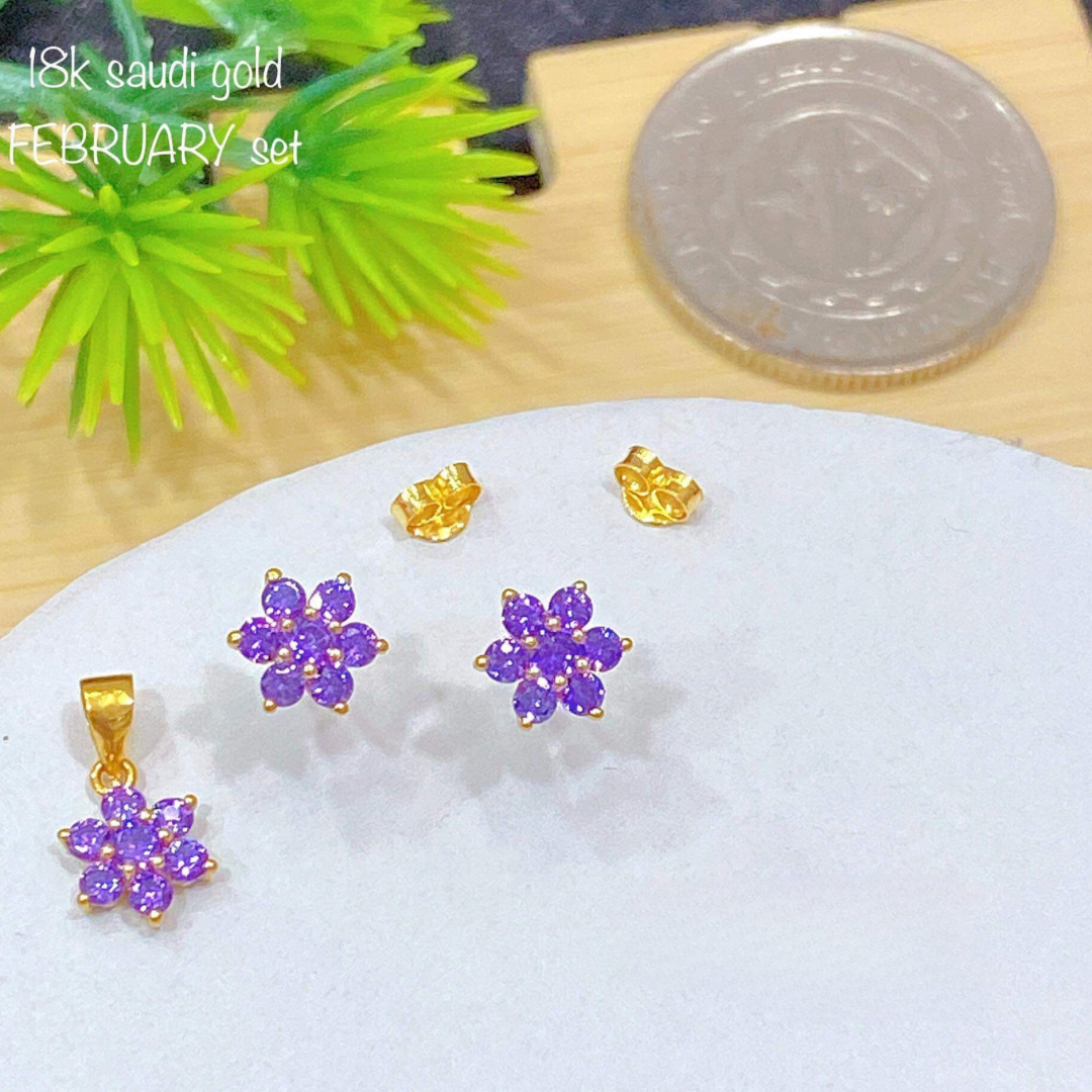 February Birthstone Set Pendant & Earrings 18k Saudi Gold