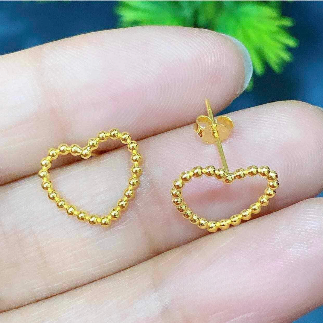 Solid bubble heart earrings 18k saudi gold