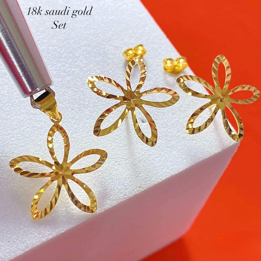 Golden Flower Set Pendant & Earrings Solid 18k Saudi Gold