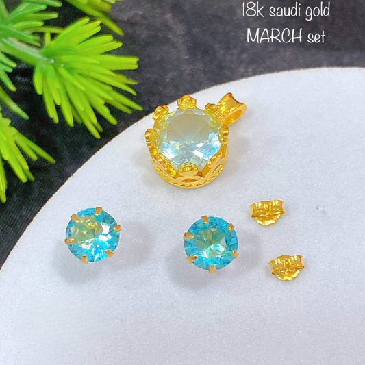 March (6Pin) Birthstone set Pendant & Earrings 18k Saudi Gold