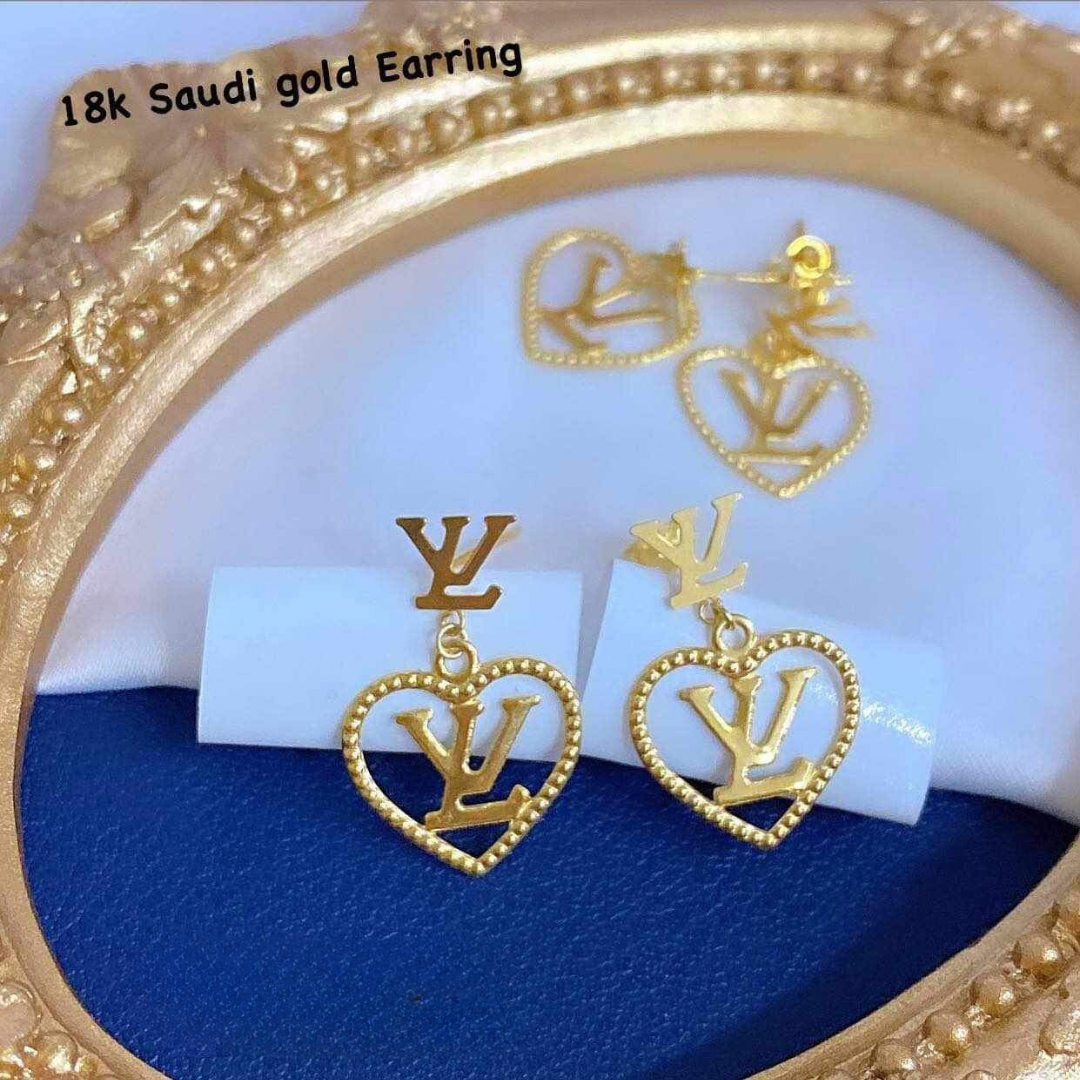 LV heart earrings solid 18k saudi gold