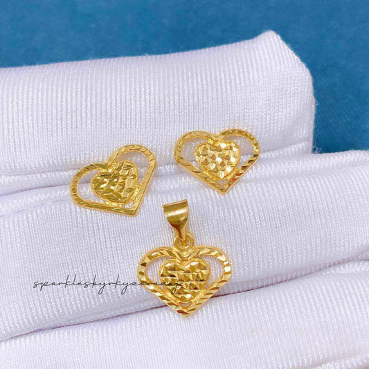 Set Diacut Twin Heart Pendant Solid 18k Saudi Gold