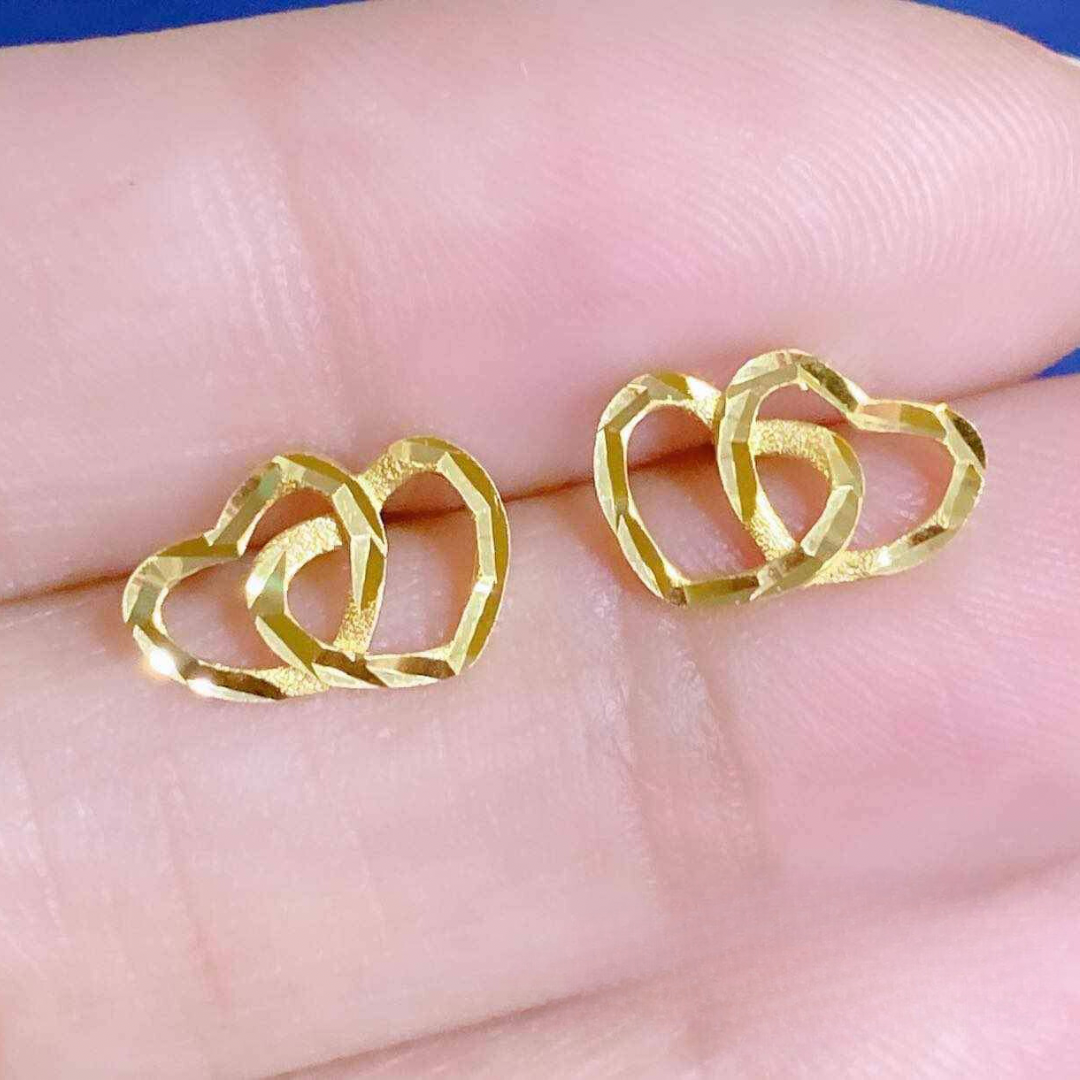 Double heart studs earrings solid 18k saudi gold