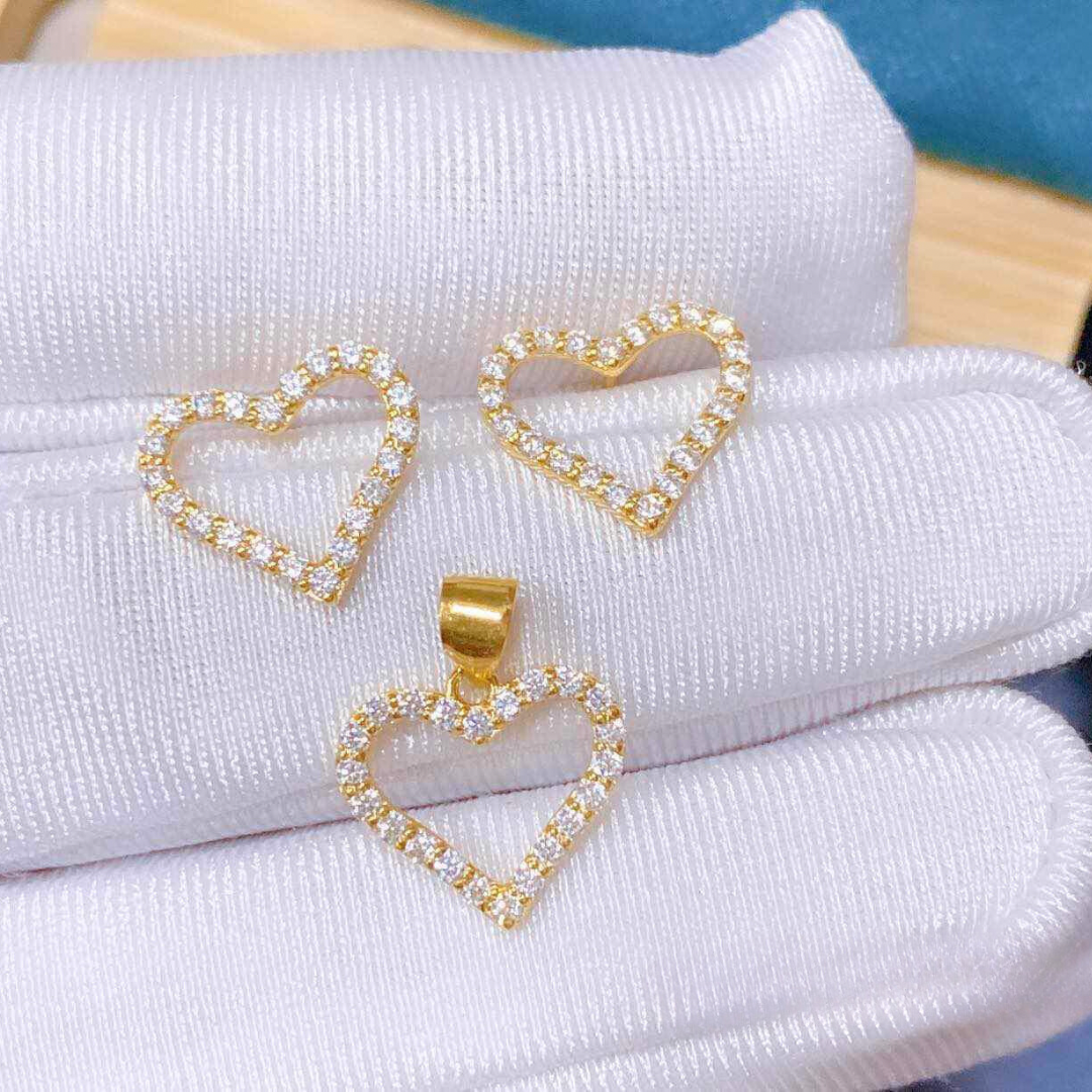 Set Crystal Heart Pendant Solid 18k Saudi Gold