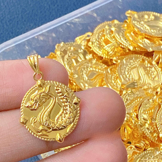 Golden Coin Dragon Pendant Solid 18k Saudi Gold