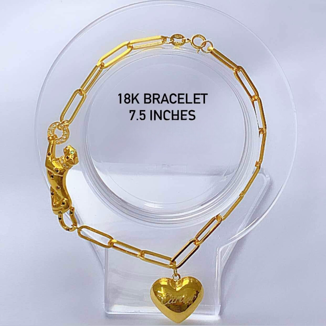 7.5" Tiger with Plain Heart Bracelet 18k Saudi Gold