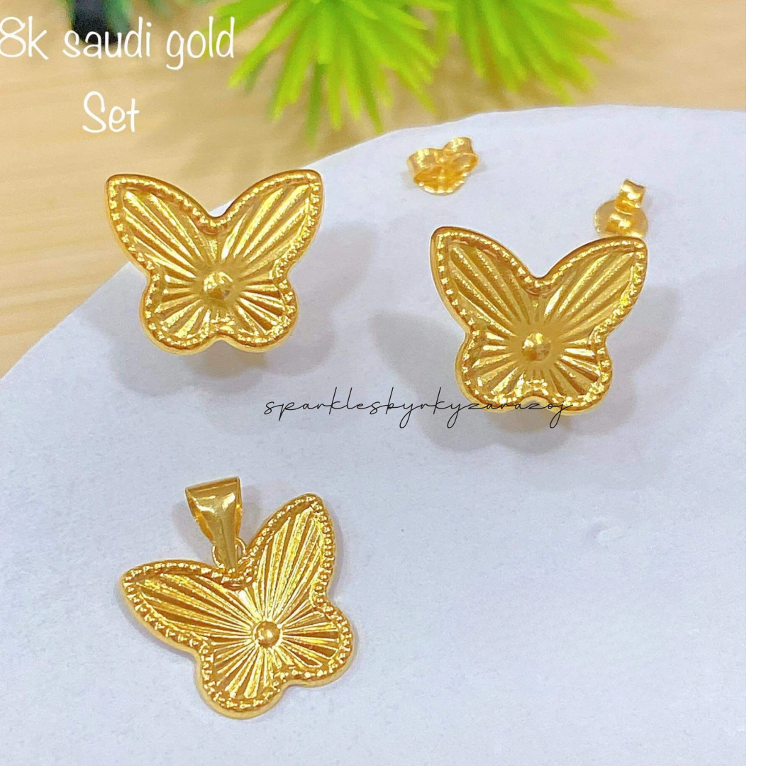 Dainty Butterfly Set Earrings & Pendant 18k Saudi Gold