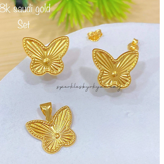 Dainty Butterfly Set Earrings & Pendant 18k Saudi Gold