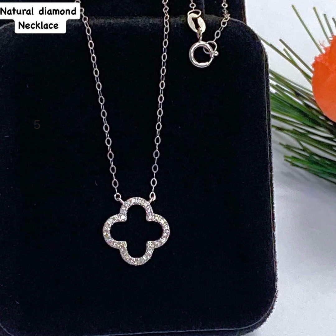 White Gold Clover Cross Natural Diamond Necklace 18k Saudi Gold