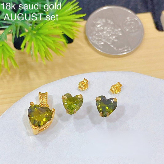 August Heart Birthstone set Pendant & Earrings 18k Saudi Gold