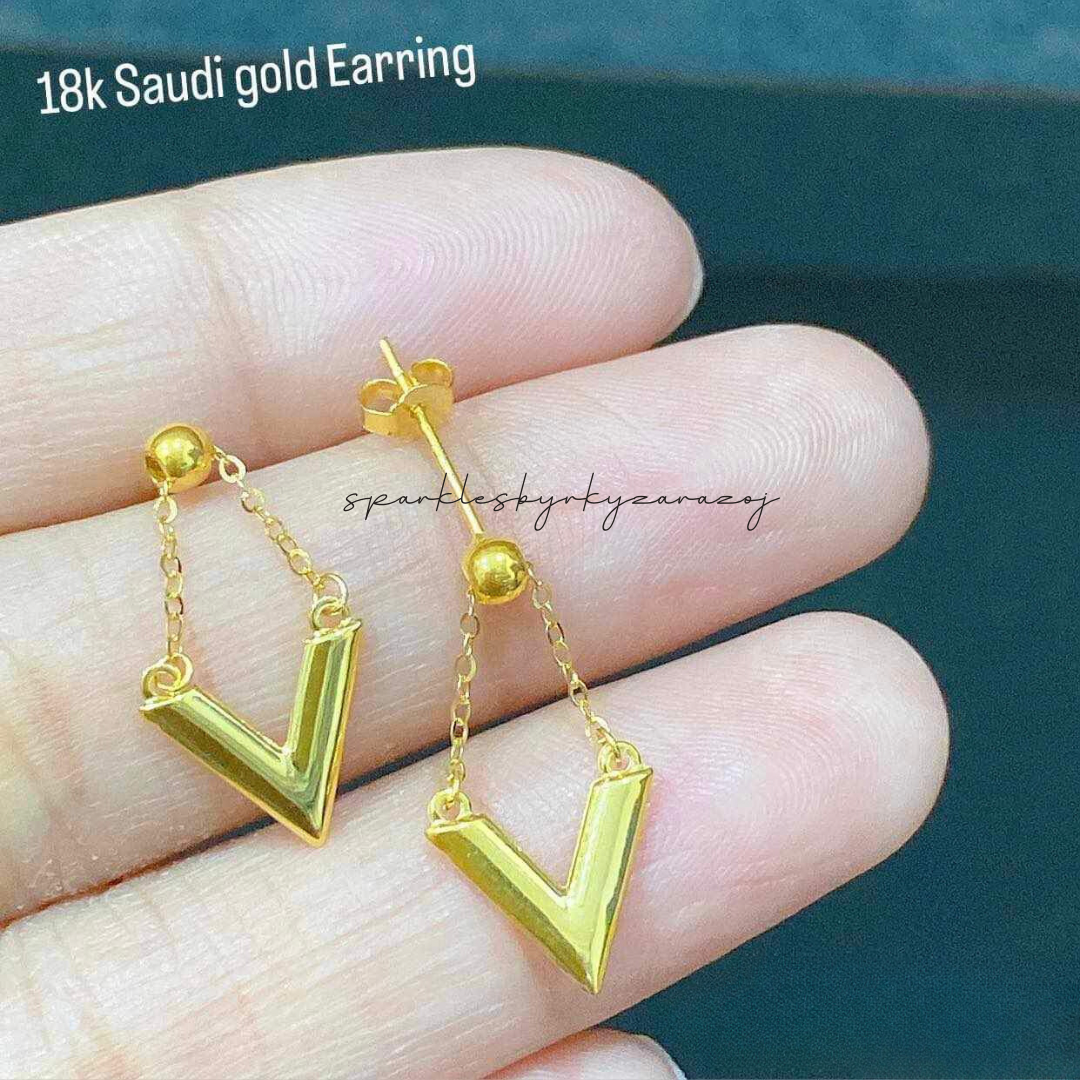 Gold plated V shape earrings solid 18k saudi gold