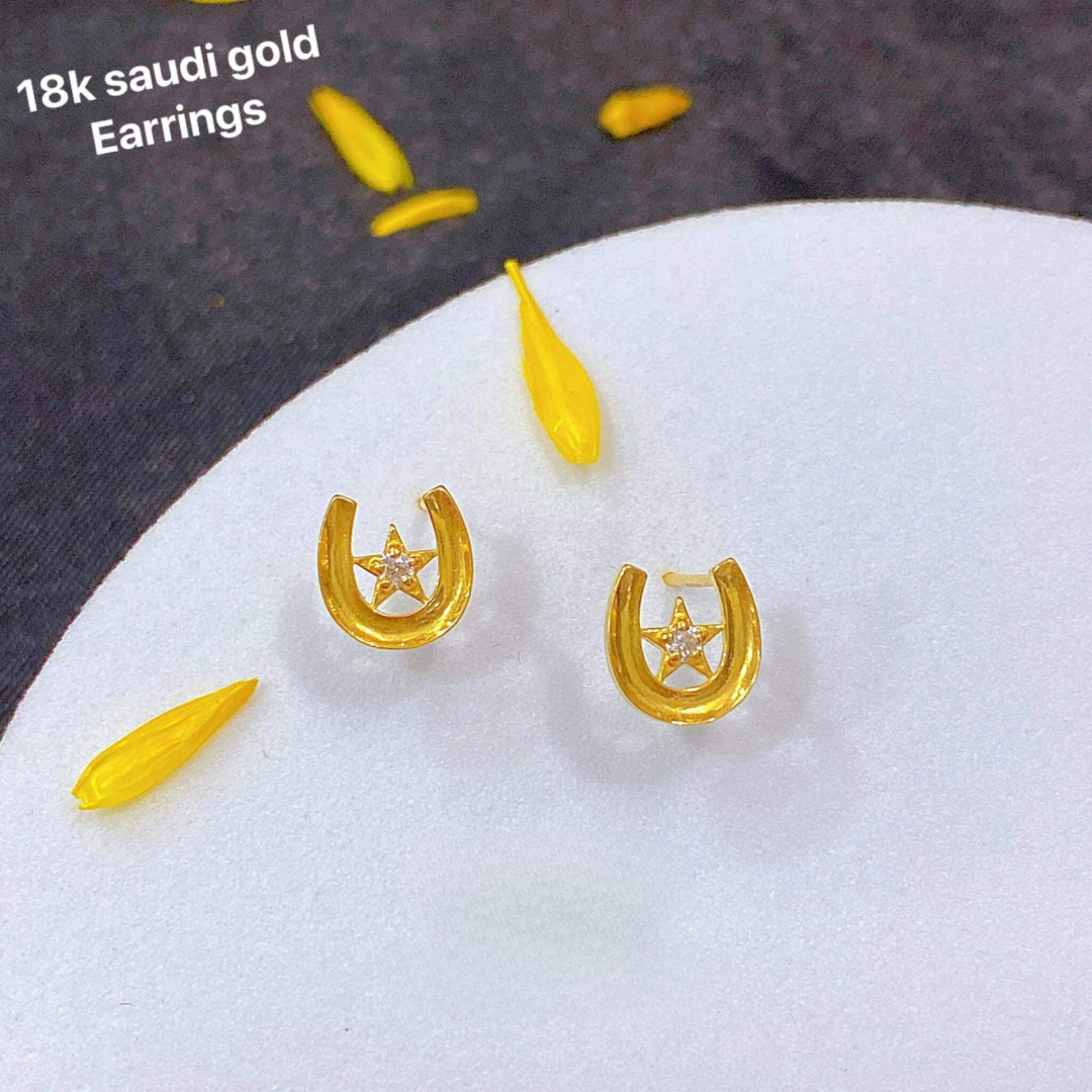 U- Star Earrings Solid 18k Saudi Gold