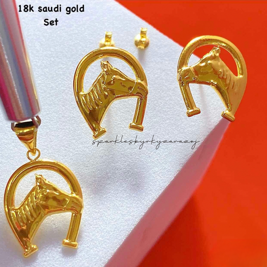 Horse Head Set Earrings & Pendant 18k Saudi Gold