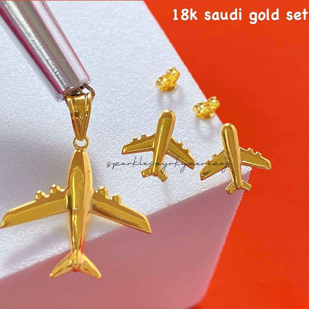 Airplane Set Pendant & Earrings 18k Saudi Gold