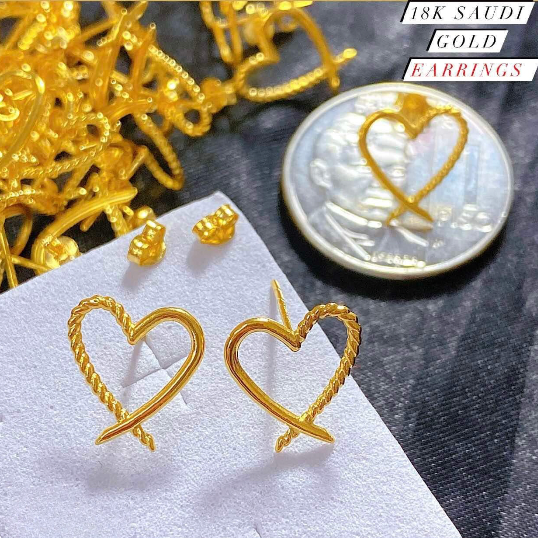 Half twist & Half Plain Heart Earrings 18k Saudi Gold