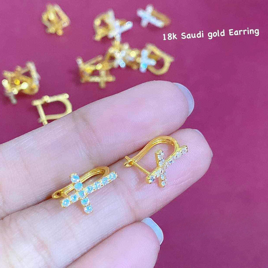 Crystal Cross Earrings Solid 18k Saudi Gold