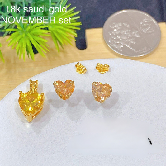 November Heart Birthstone set Pendant & Earrings 18k Saudi Gold