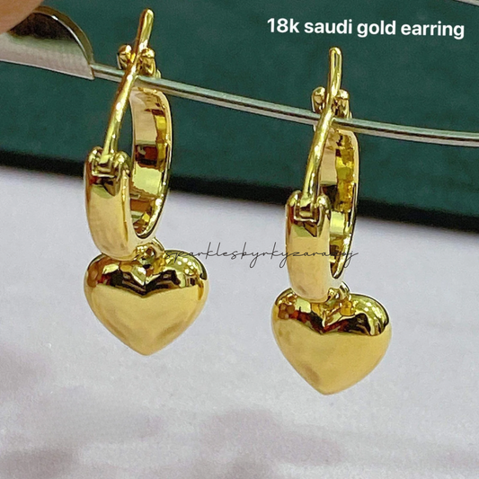 Heart Drop Earrings 18k Saudi Gold