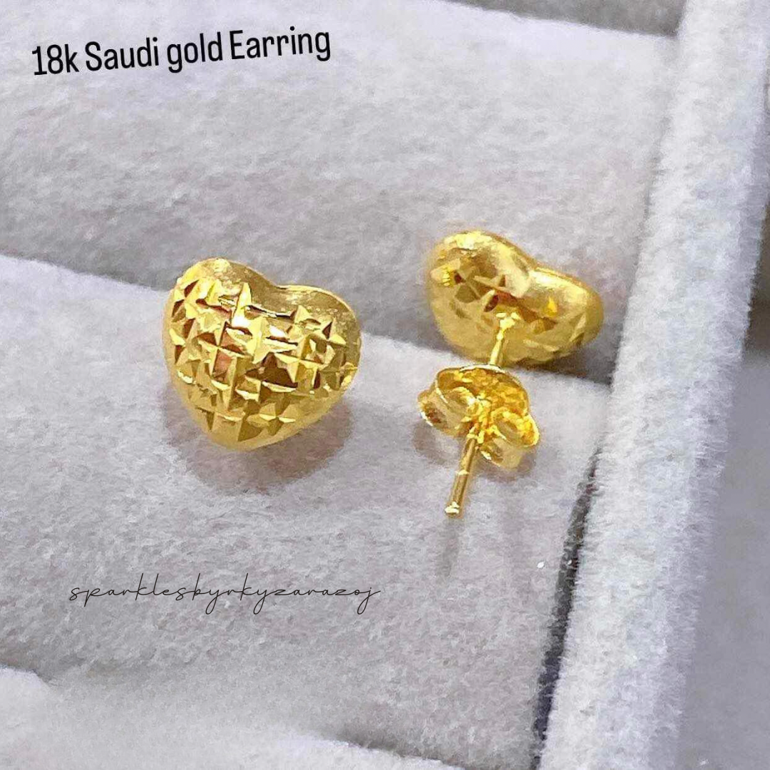 Stud diacut heart earrings solid 18k saudi gold