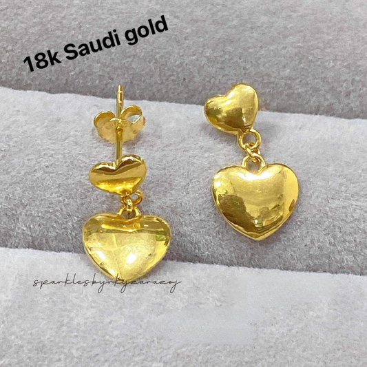 Double heart stud earrings solid 18k saudi gold