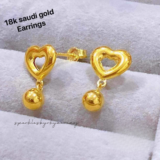 Ball heart earrings solid 18k saudi gold