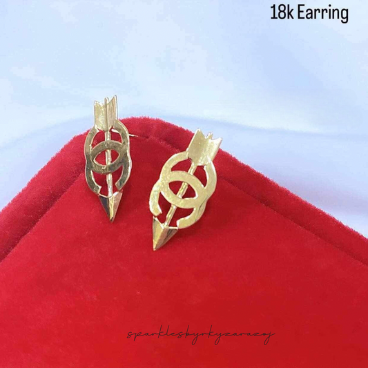 Double CC arrow earrings solid 18k saudi gold