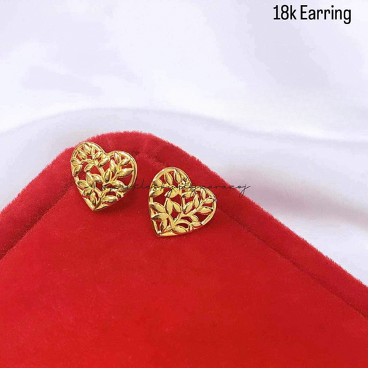 Rice grains heart stud earrings solid 18k saudi gold