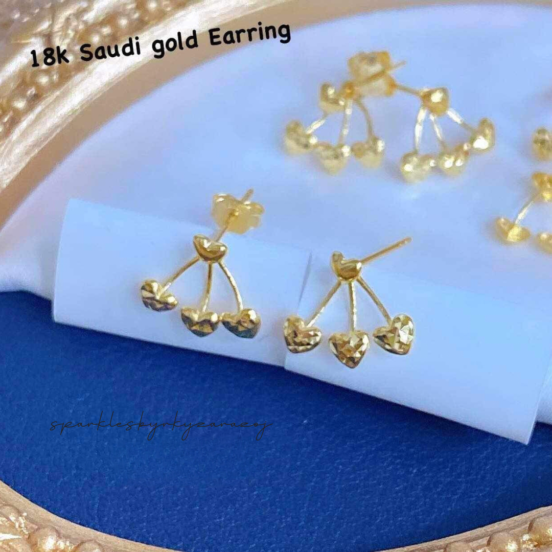 Triple heart earrings solid 18k saudi gold