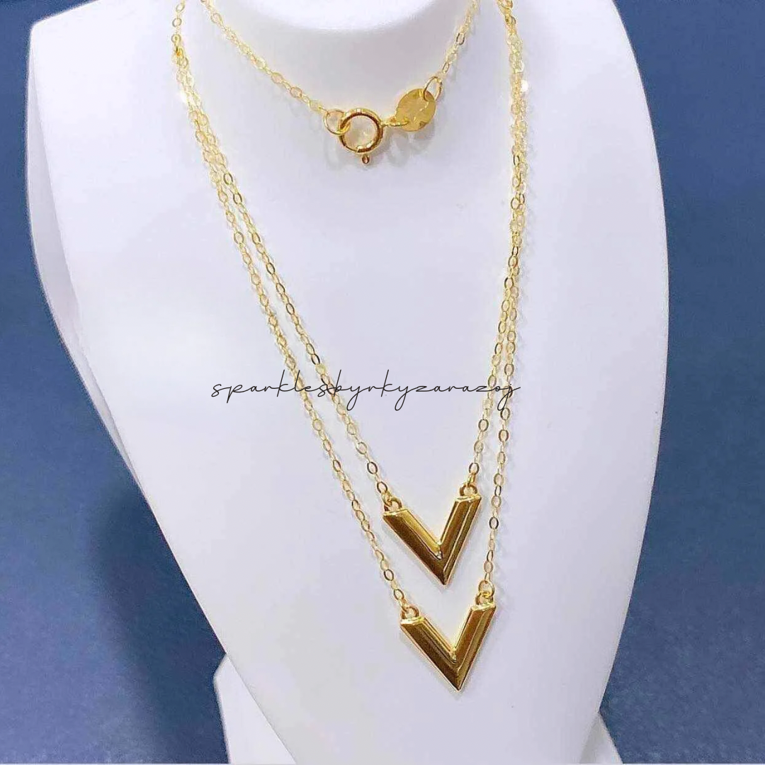 Twin V Necklace Solid 18k Saudi Gold