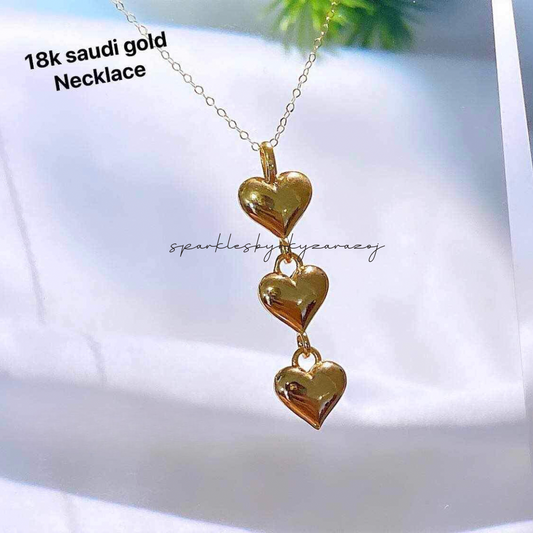 Set Golden Triple Heart Chain & Pendant Ampaw 18k Saudi Gold