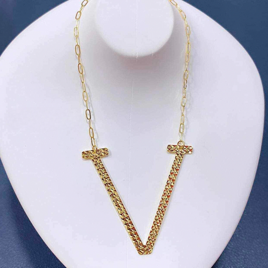 Letter V Diacut Necklace Solid 18k Saudi Gold