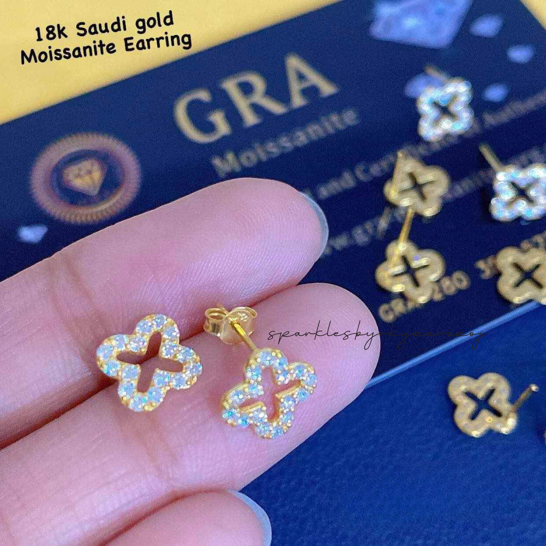 Sparkle Clover Moissanite Diamond Earrings Ampaw 18k Saudi Gold