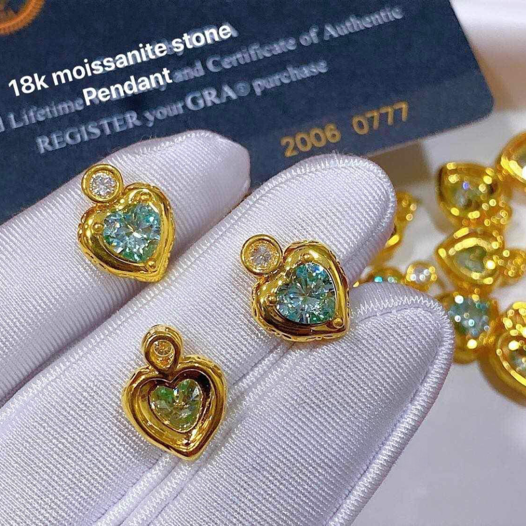 Heart Pendant with Sky Green Moissanite Stone 18k Saudi Gold